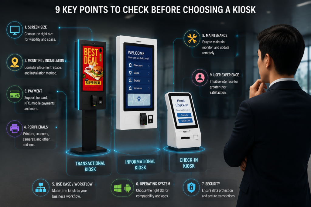 Infographic showing 9 essential points to check before choosing a self-service kiosk, featuring transactional, informational, and check-in kiosk types with businessman reviewing options