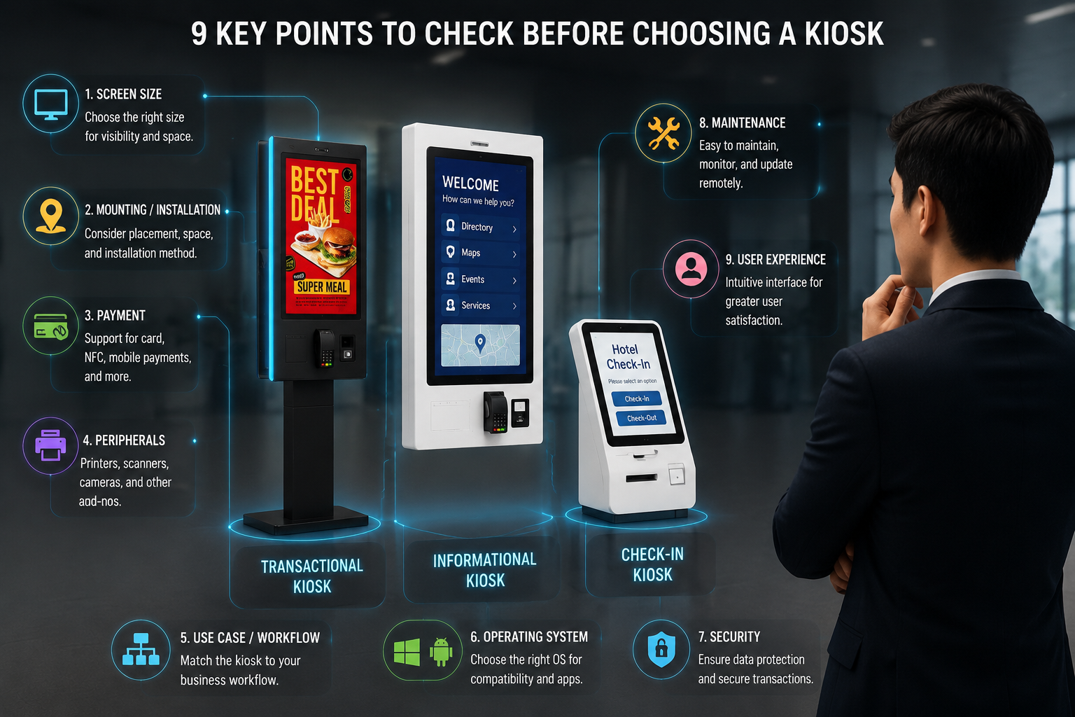 Infographic showing 9 essential points to check before choosing a self-service kiosk, featuring transactional, informational, and check-in kiosk types with businessman reviewing options