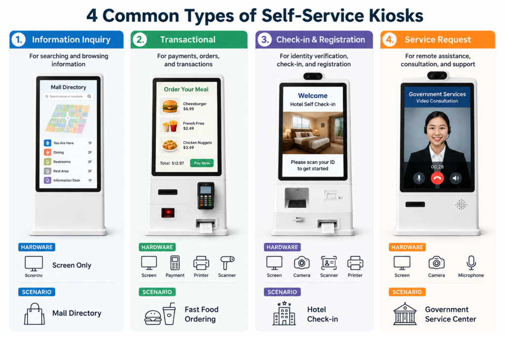 Four common self-service kiosk types infographic: information inquiry, transactional, check-in registration, and service request kiosks with hardware features and use cases