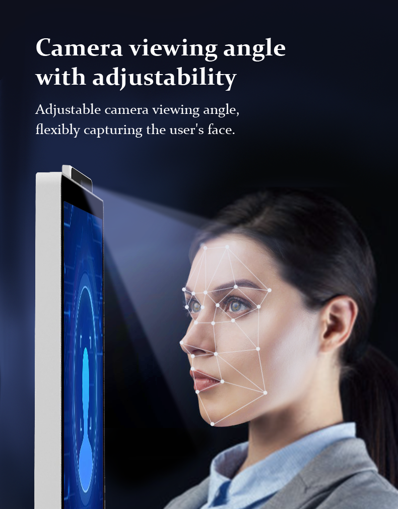 Adjustable camera viewing angle on self-service kiosk with facial recognition and biometric authentication technology