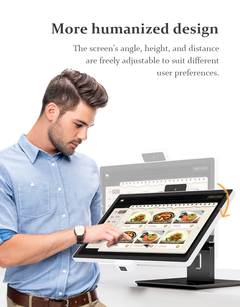 Ergonomic self-service kiosk with adjustable tilting touchscreen showing user-friendly angle and height customization for comfortable ordering