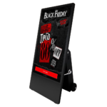 Battery powered outdoor digital A-board sign displaying Black Friday sale promotion up to 88% off with wheels for portable advertising