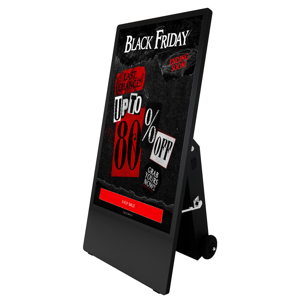 Battery powered outdoor digital A-board sign displaying Black Friday sale promotion up to 88% off with wheels for portable advertising