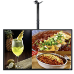 Ceiling-mounted digital menu board displaying food and beverage items for restaurant advertising