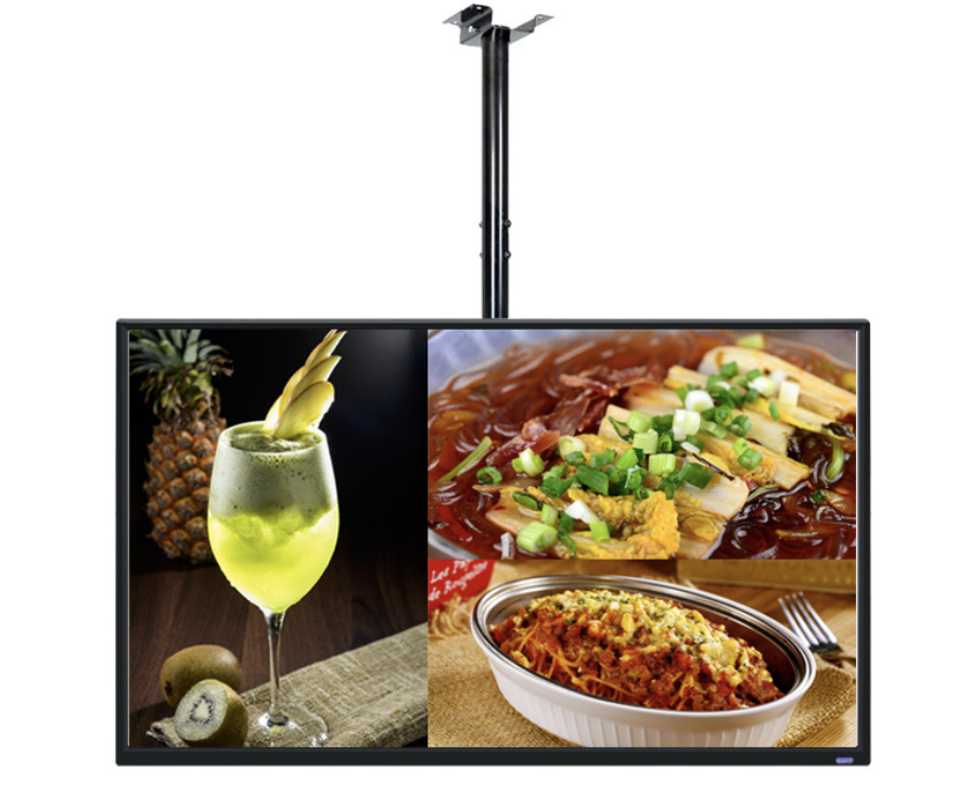 Ceiling-mounted digital menu board displaying food and beverage items for restaurant advertising