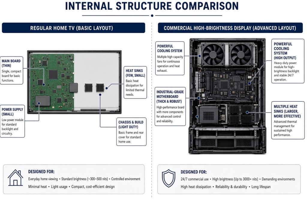 Detailed internal structure comparison diagram showing consumer TV basic layout versus commercial high-brightness display with industrial cooling fans, reinforced power supply, and industrial-grade motherboard