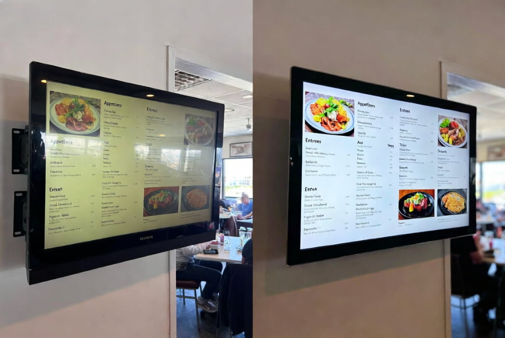 Consumer TV versus commercial display screen comparison showing brightness and visibility difference for restaurant digital menu boards
