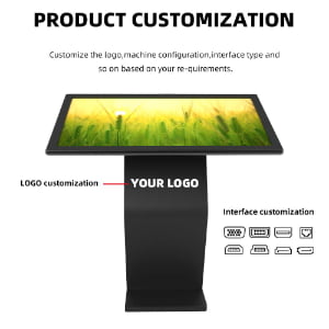 Customizable digital signage kiosk with logo branding area and multiple interface port options for OEM ODM configuration