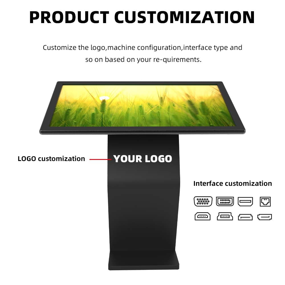 Customizable digital signage kiosk with logo branding area and multiple interface port options for OEM ODM configuration