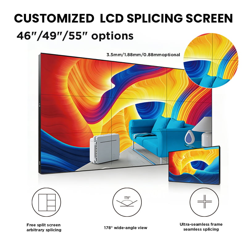 Customized LCD splicing screen with 46, 49, 55 inch options featuring ultra-narrow bezel 0.88mm to 3.5mm, 178-degree viewing angle and seamless splicing technology