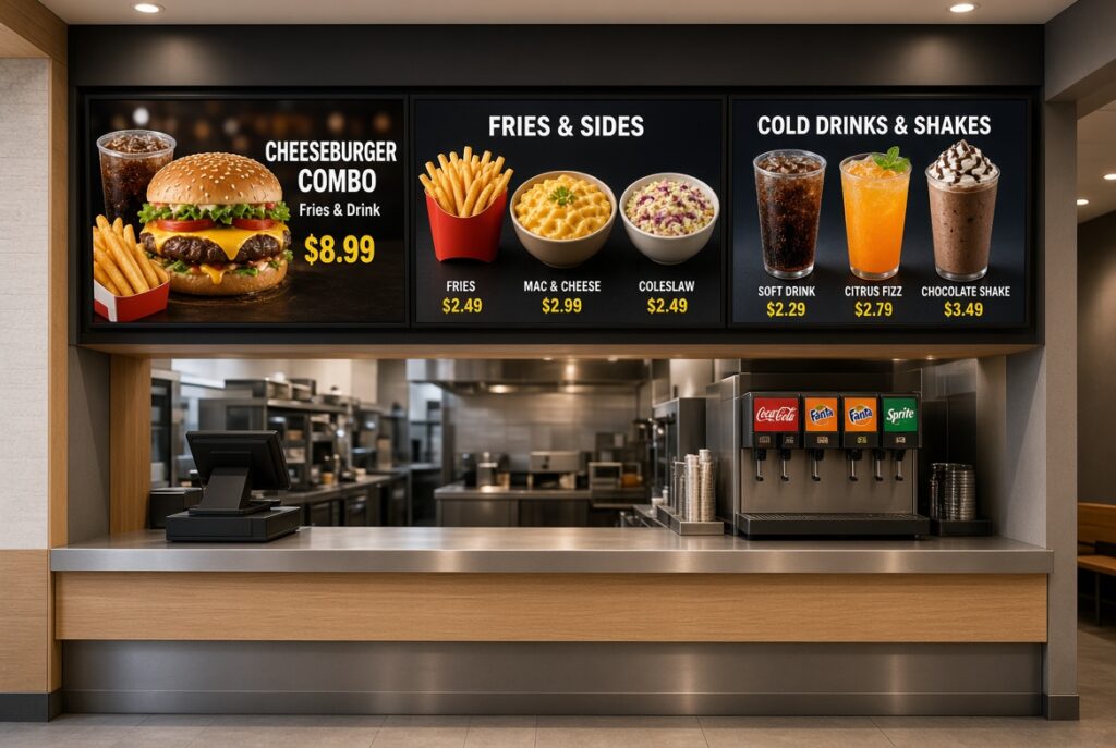 Digital menu board display above restaurant counter showing cheeseburger combo, fries, sides, cold drinks and shakes with pricing, featuring POS system and beverage dispenser