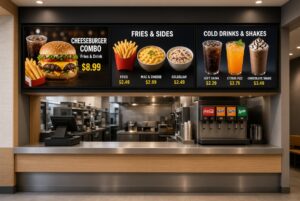 Digital menu board display above restaurant counter showing cheeseburger combo, fries, sides, cold drinks and shakes with pricing, featuring POS system and beverage dispenser