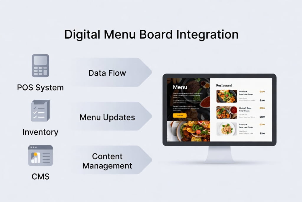 Digital menu board integration diagram showing POS system, inventory management, and CMS workflow for restaurant operations