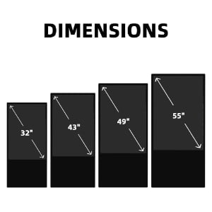 Digital poster display available in multiple sizes - 32, 43, 49, and 55 inch screen dimensions for various space requirements