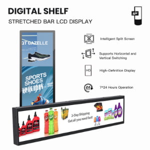 Digital shelf stretched bar LCD display with intelligent split screen, HD resolution, horizontal/vertical switching for retail store advertising and product promotion