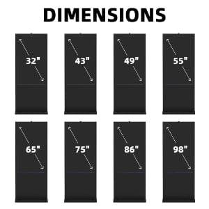 Digital signage display dimensions chart showing available screen sizes from 32 to 98 inches including 32", 43", 49", 55", 65", 75", 86", and 98" options