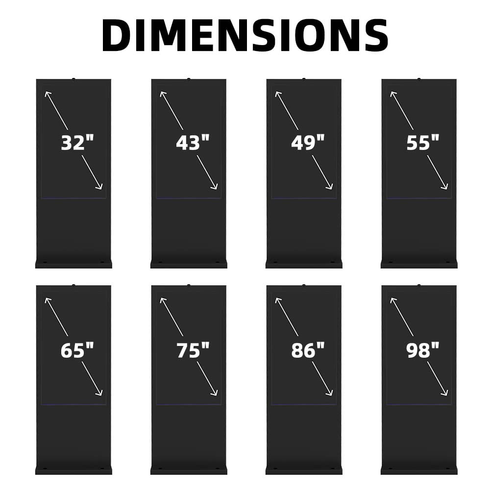 Digital signage display dimensions chart showing available screen sizes from 32 to 98 inches including 32", 43", 49", 55", 65", 75", 86", and 98" options