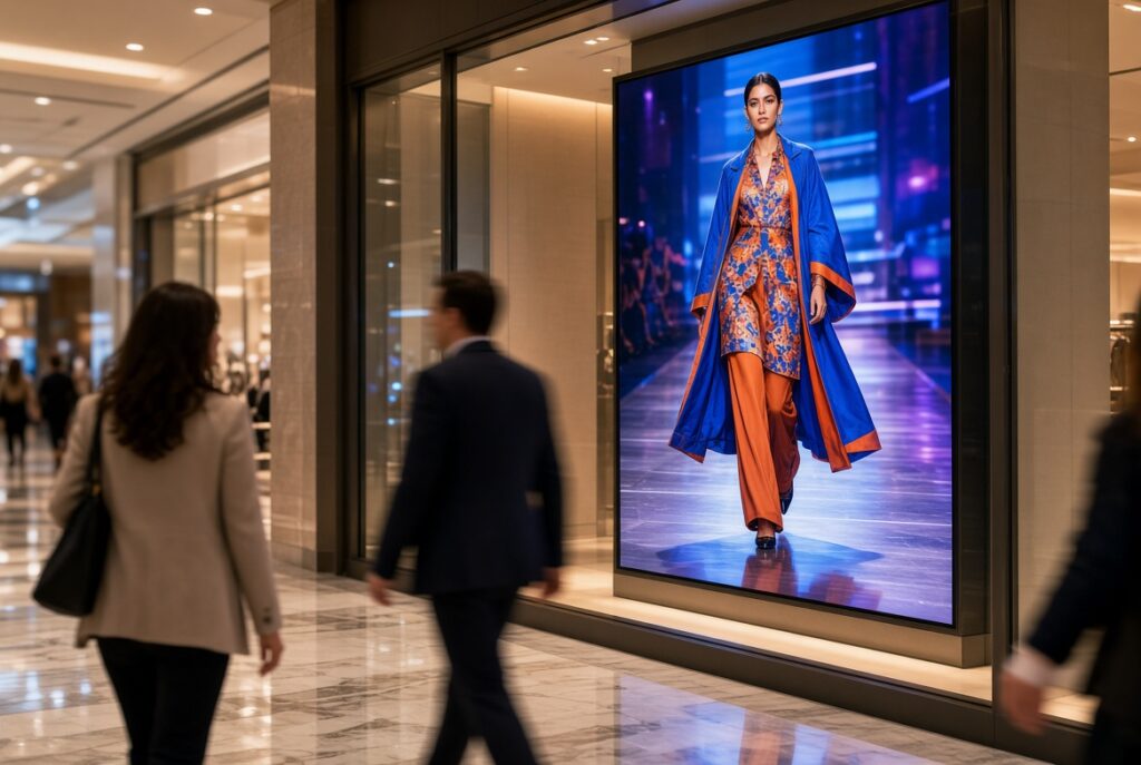 Large digital signage screen displaying fashion runway model in luxury retail mall storefront with shoppers walking past