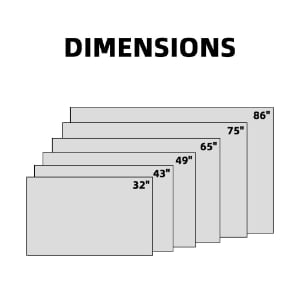 Digital signage display available dimensions showing multiple screen sizes from 32 inch to 86 inch for various installation needs