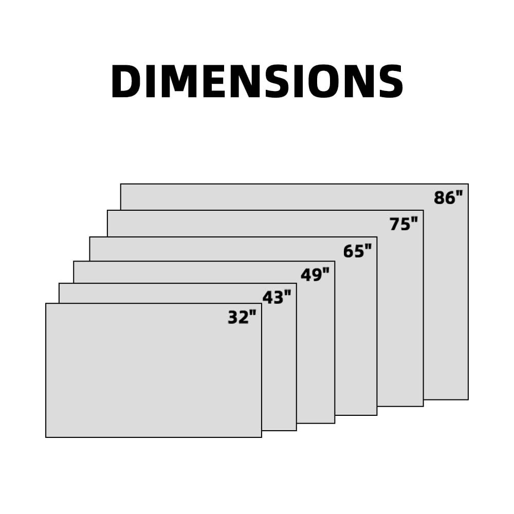 Digital signage display available dimensions showing multiple screen sizes from 32 inch to 86 inch for various installation needs