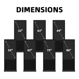 Digital signage kiosk available dimensions showing screen sizes from 32 to 86 inches including 43, 49, 55, 65, and 75 inch options