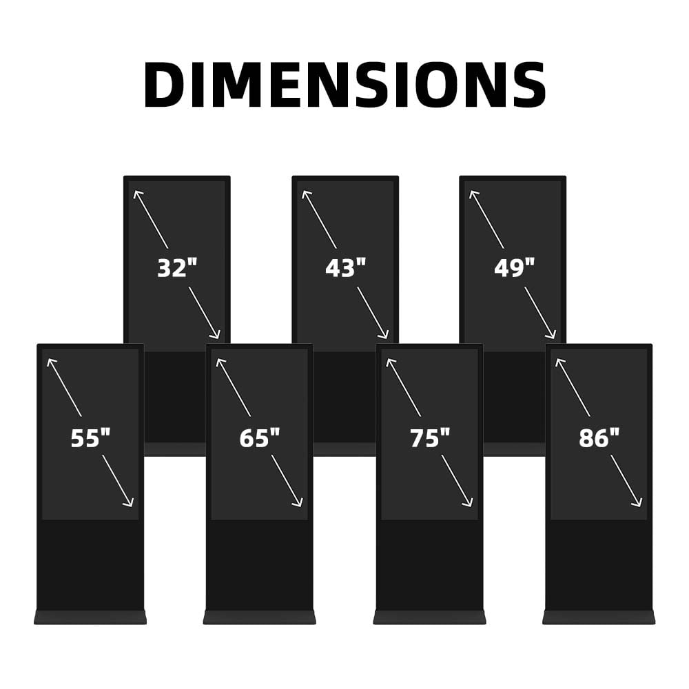 Digital signage kiosk available dimensions showing screen sizes from 32 to 86 inches including 43, 49, 55, 65, and 75 inch options