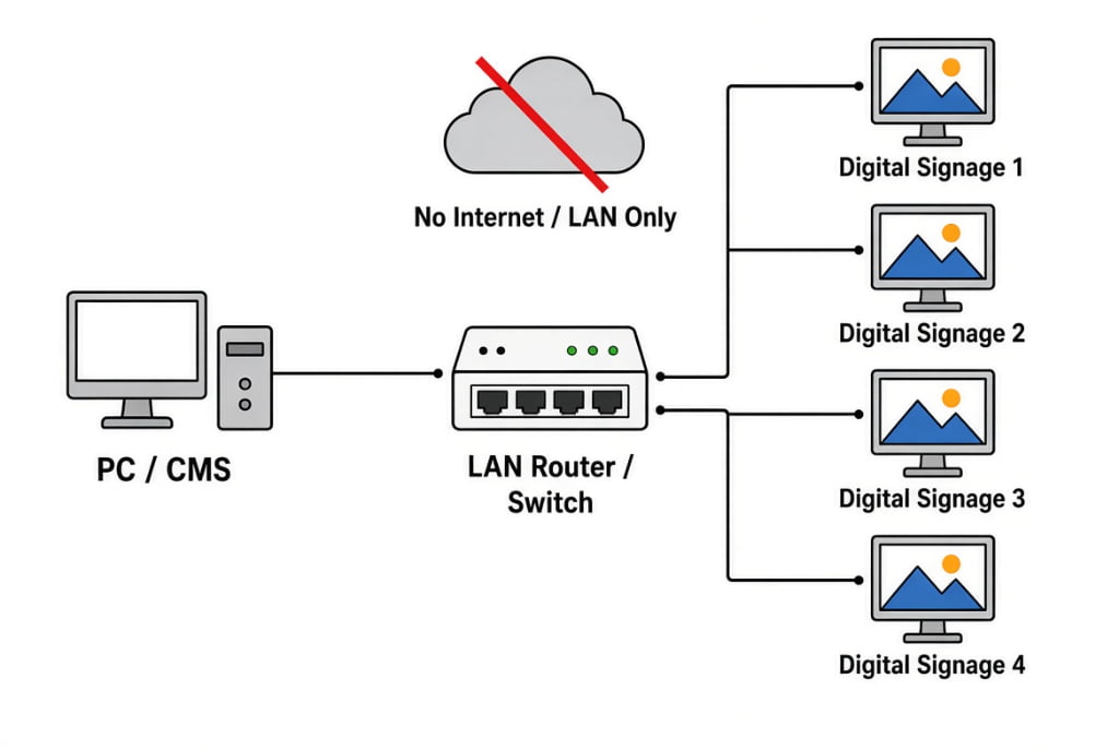 Digital signage network diagram showing PC CMS connected to LAN router switch managing four digital signage displays without internet connection, offline local area network setup
