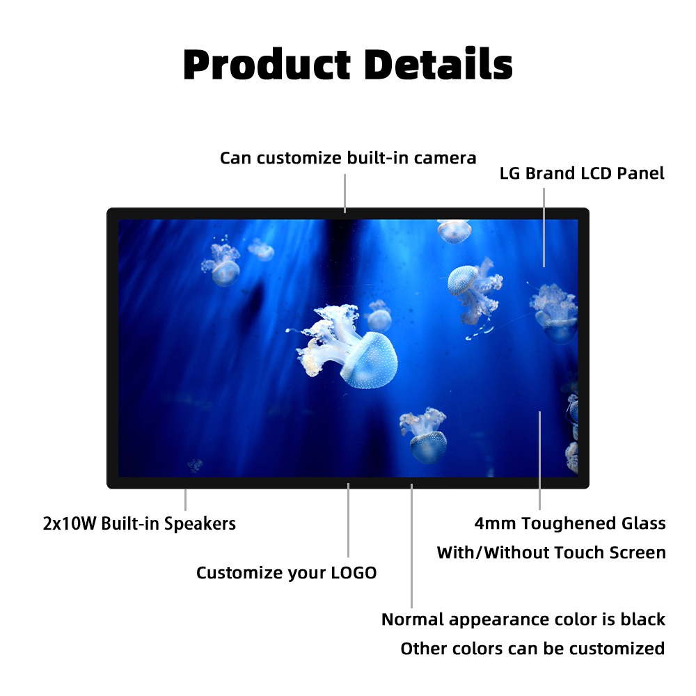 Digital signage product details diagram showing LG LCD panel, built-in camera, speakers, touchscreen and customization options