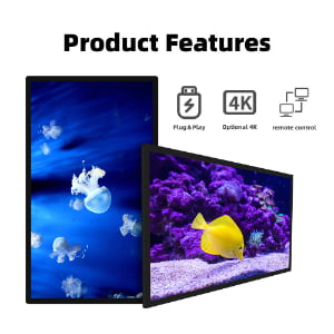 Digital signage displays showcasing product features including plug and play setup, optional 4K resolution, and remote control capability