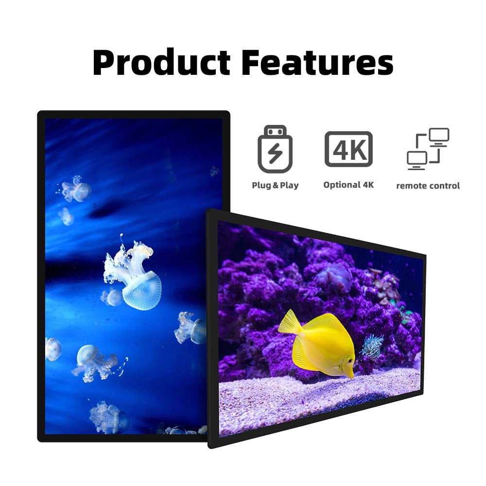 Digital signage displays showcasing product features including plug and play setup, optional 4K resolution, and remote control capability
