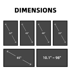 Digital signage available screen size dimensions from 10.1 inch to 98 inch including 32, 43, 49, 55, and 65 inch displays