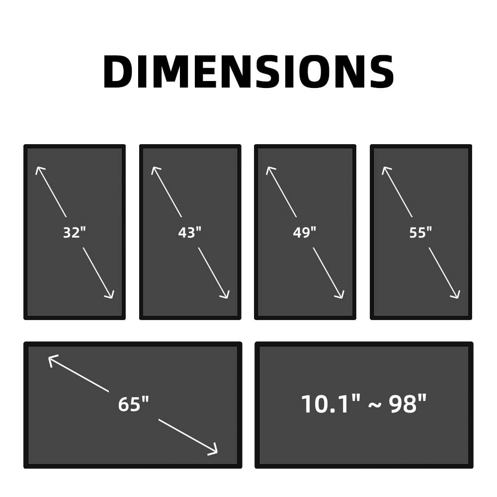 Digital signage available screen size dimensions from 10.1 inch to 98 inch including 32, 43, 49, 55, and 65 inch displays