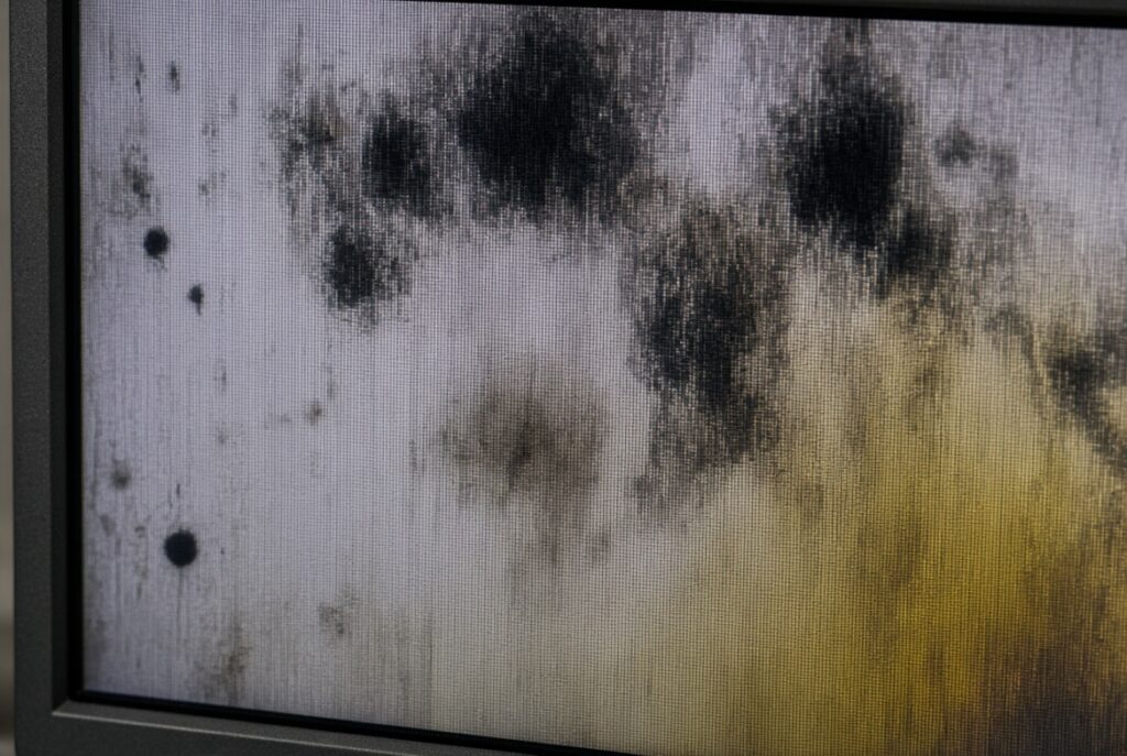 Close-up photo of damaged display screen showing black spots and uneven color distribution caused by prolonged overheating and thermal stress