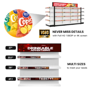 Full HD 1080P and 4K digital shelf edge displays in multiple sizes (23.1", 35", 37", 47.1") for retail supermarket advertising and product promotion