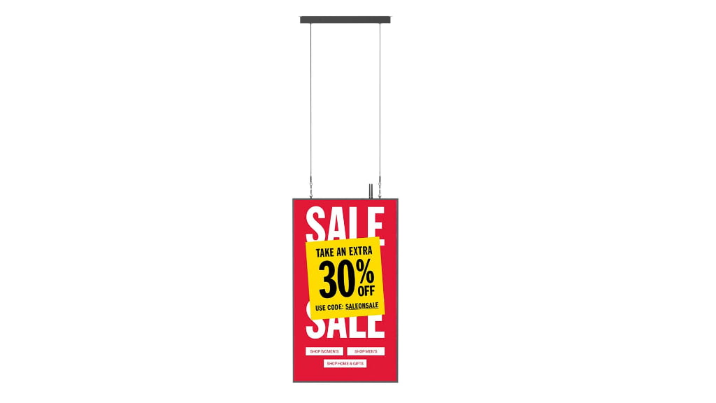 Hanging window display digital signage showing red sale poster with 30% off promotion, ceiling-mounted retail advertising display for storefront marketing