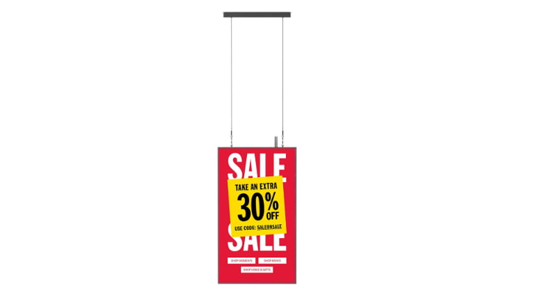 Hanging window display digital signage showing red sale poster with 30% off promotion, ceiling-mounted retail advertising display for storefront marketing