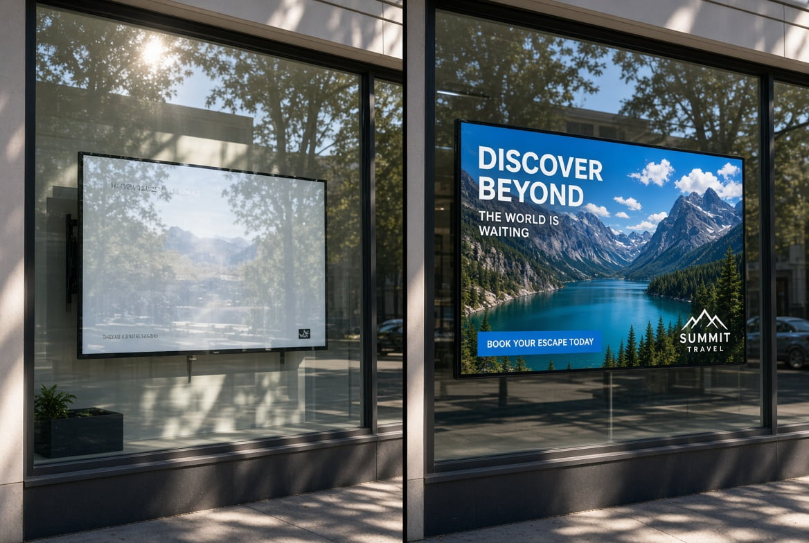 Side-by-side comparison showing washed-out standard display versus vibrant high-brightness screen in direct sunlight conditions