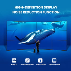 High-definition LCD video wall with ultra-narrow bezel, noise reduction function, remote control and smart split screen featuring 3x3 display array