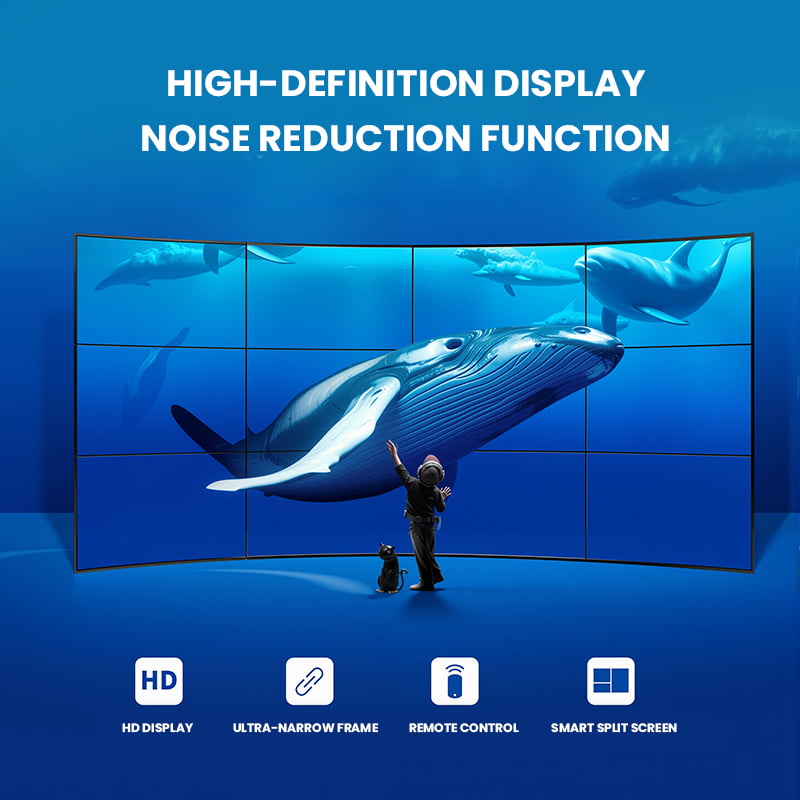 High-definition LCD video wall with ultra-narrow bezel, noise reduction function, remote control and smart split screen featuring 3x3 display array
