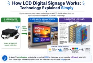 LCD digital signage technology explained infographic showing media player content delivery, installed screen display, and internal panel layer structure with light flow diagram