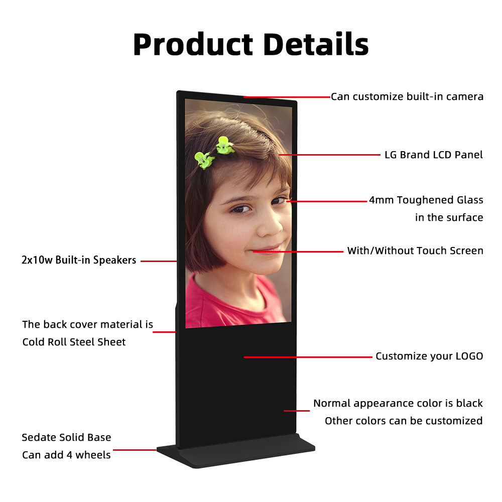 Indoor floor standing digital signage product details showing LG LCD panel, 4mm toughened glass, built-in speakers, optional camera and touchscreen, customizable logo