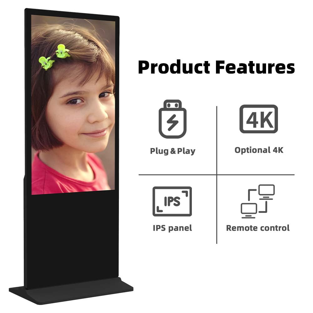 Indoor floor standing digital signage kiosk with product features: plug and play, optional 4K resolution, IPS panel display, and remote control capability