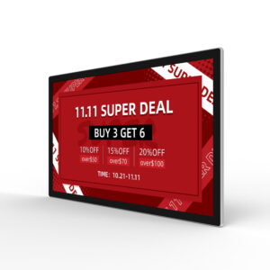 Indoor wall-mounted digital signage display showing 11.11 Super Deal promotional advertising with tiered discount offers