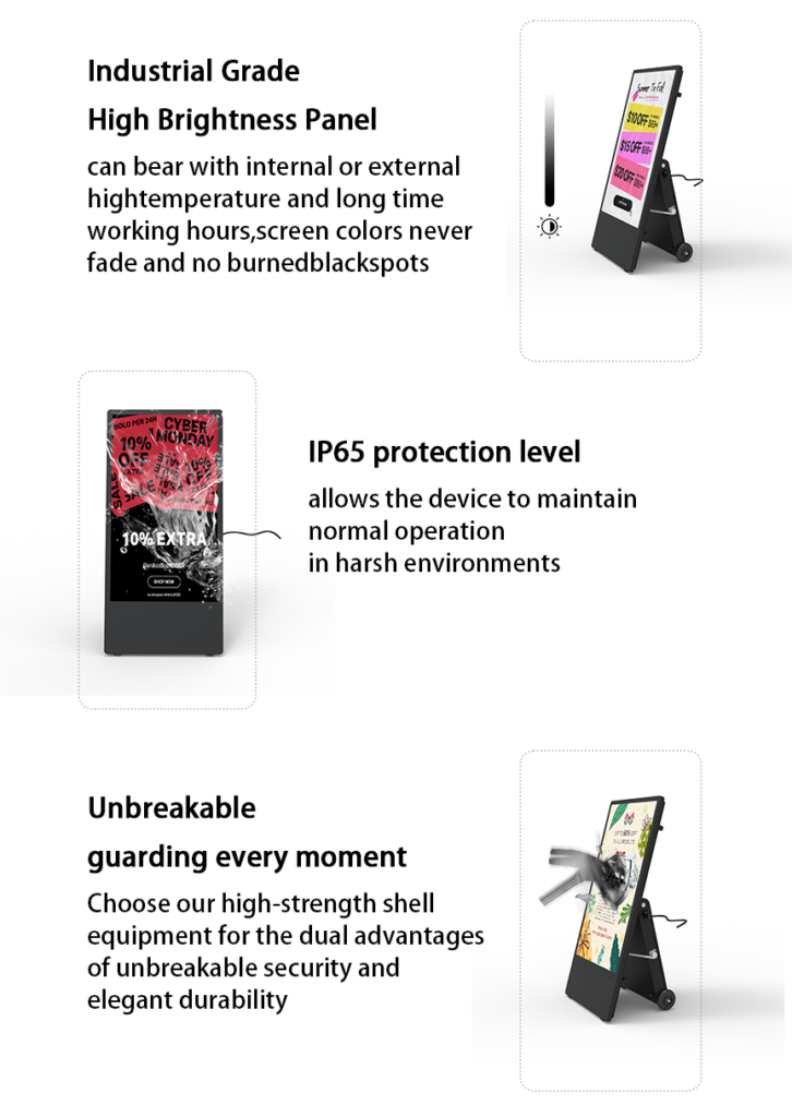 Industrial grade high brightness digital signage with IP65 waterproof protection, unbreakable shell, anti-fade screen for outdoor advertising and promotional displays