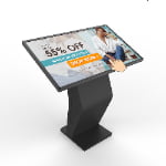Interactive touchscreen kiosk digital signage with floor stand displaying 55% off wardrobe sale promotion for retail stores and shopping malls