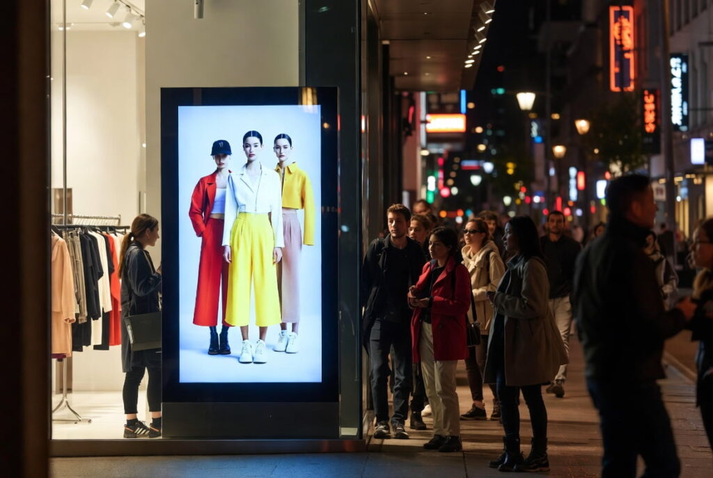 IP65 weatherproof outdoor digital signage displaying fashion advertising at retail storefront entrance with pedestrian traffic at night