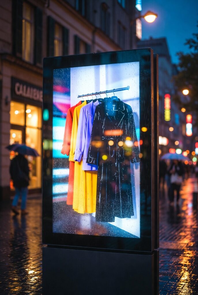 IP65 waterproof outdoor digital signage display showing fashion advertising on rainy city street at night with weather-resistant protection