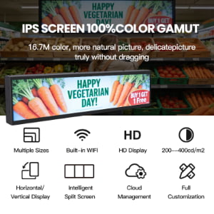 IPS screen digital shelf display with 100% color gamut, WiFi connectivity, HD resolution and cloud management for retail advertising
