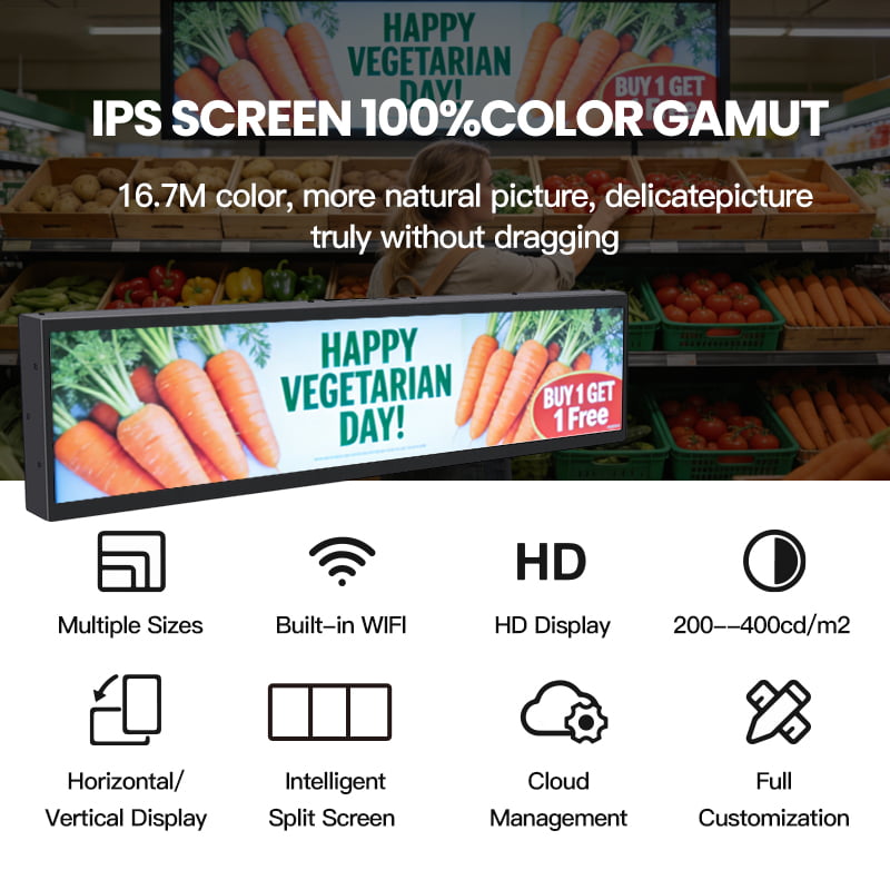 IPS screen digital shelf display with 100% color gamut, WiFi connectivity, HD resolution and cloud management for retail advertising