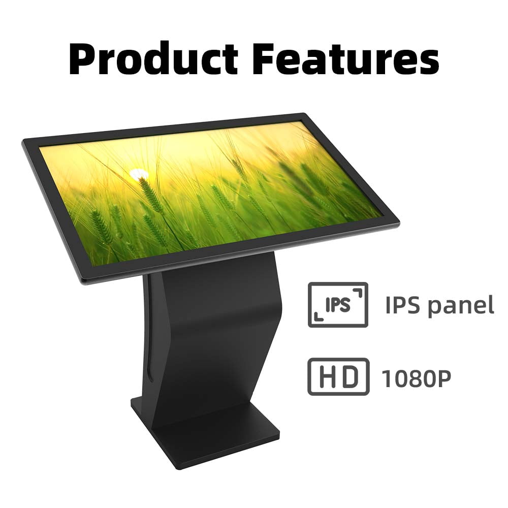 Floor standing digital signage kiosk with IPS panel and 1080P HD resolution touchscreen display featuring product specifications